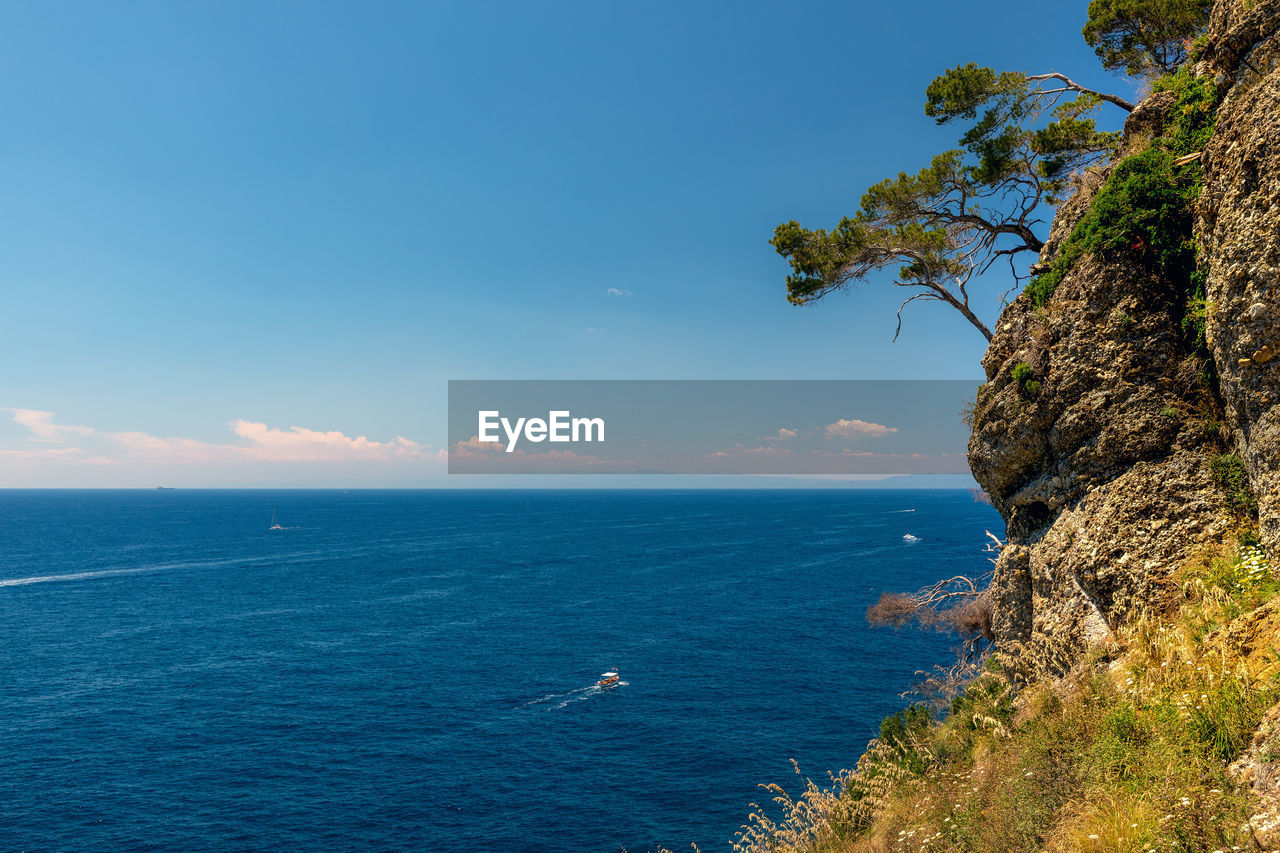 View of ligurian seaside from the cliff edge at portofino area, italy