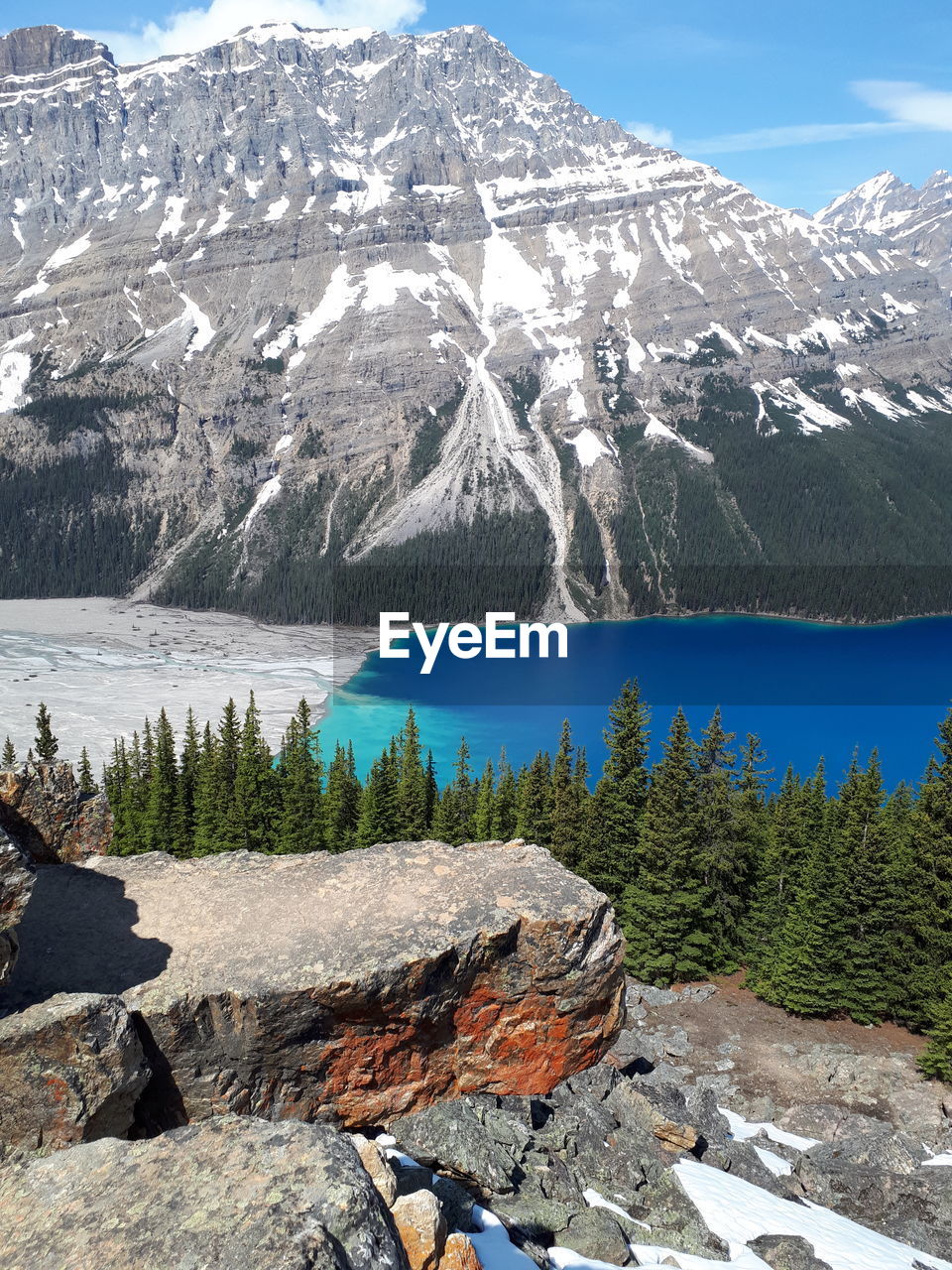 Scenic view of snowcapped mountains and lake during winter