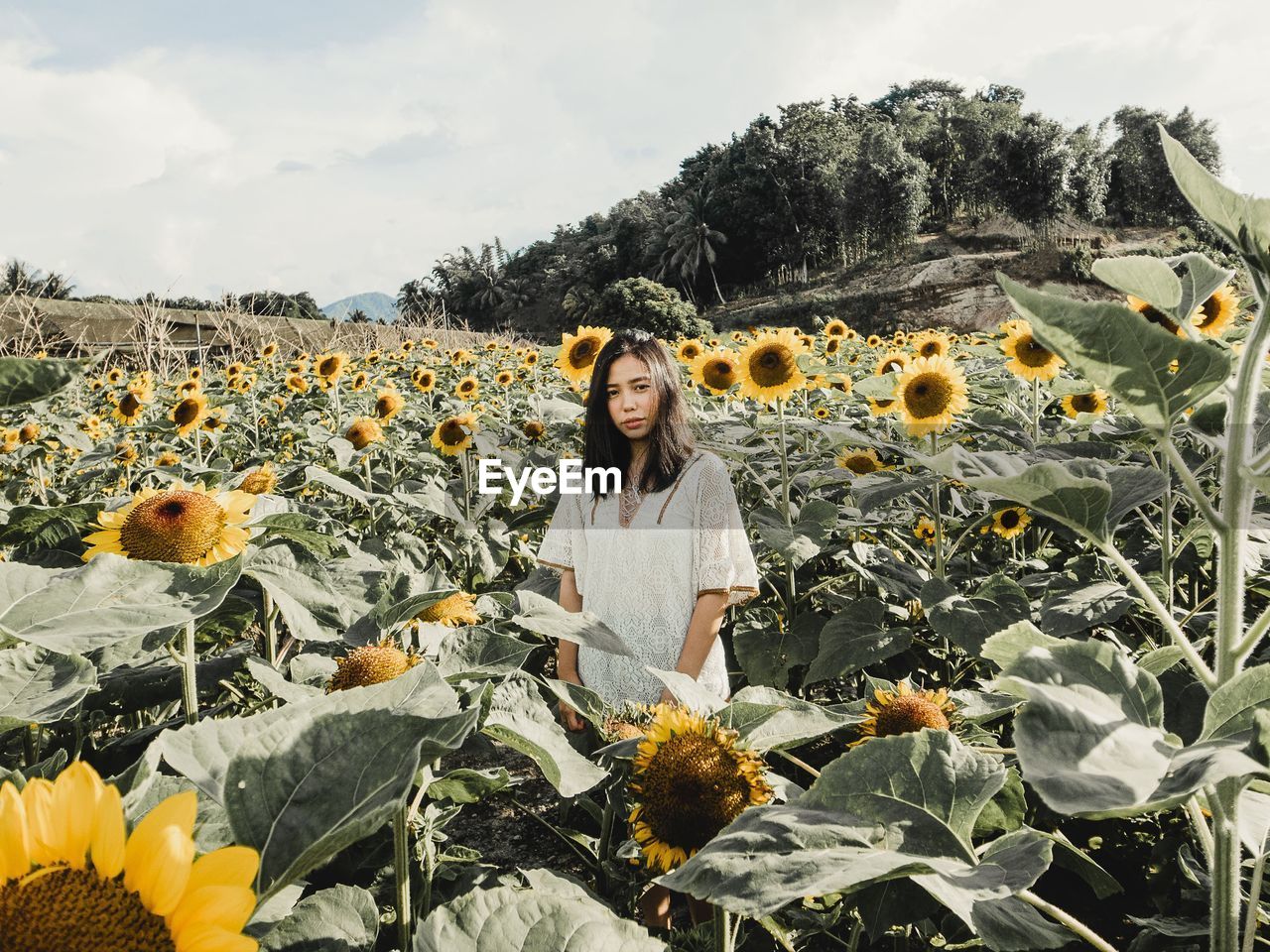 PORTRAIT OF YOUNG WOMAN STANDING BY FLOWERS AGAINST PLANTS