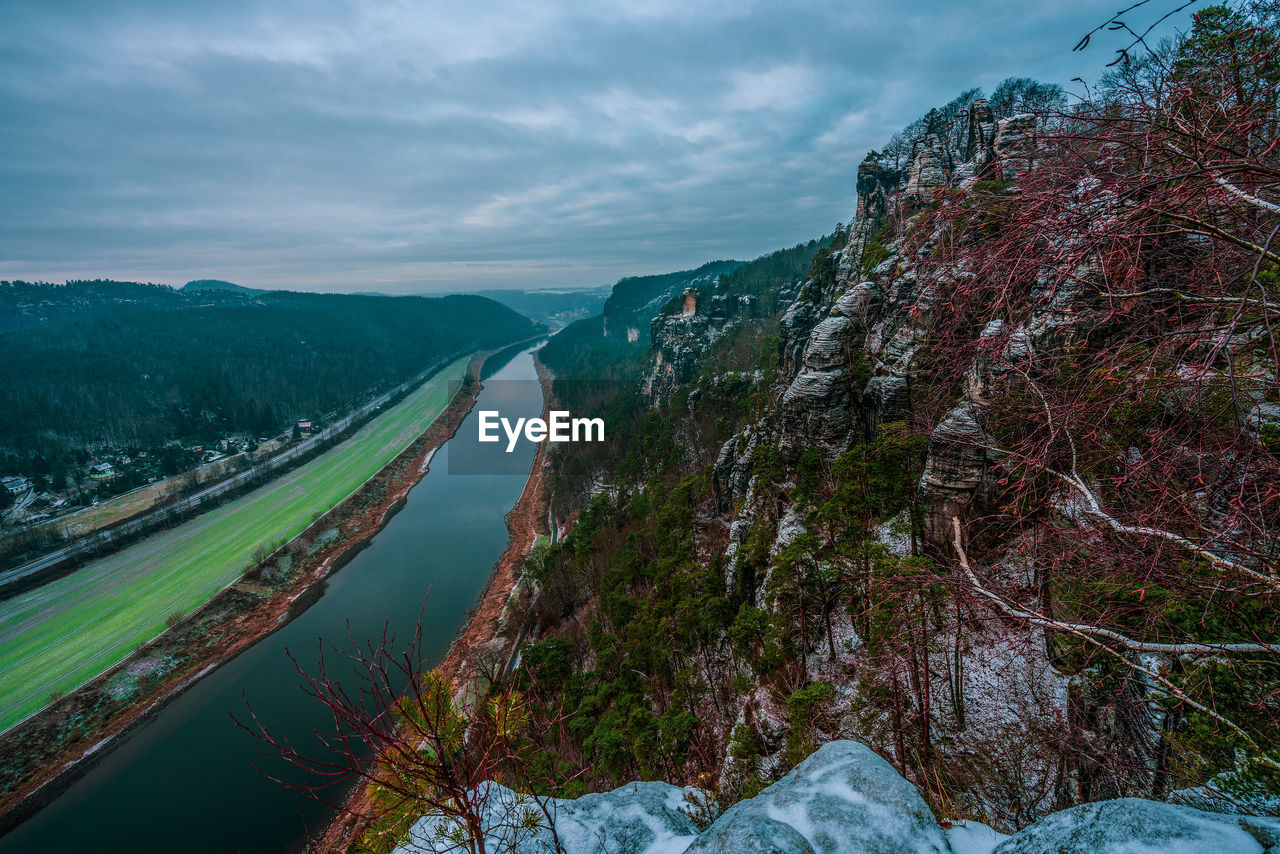 Panoramic view of the elbe and saxon switzerland near rathen, germany.