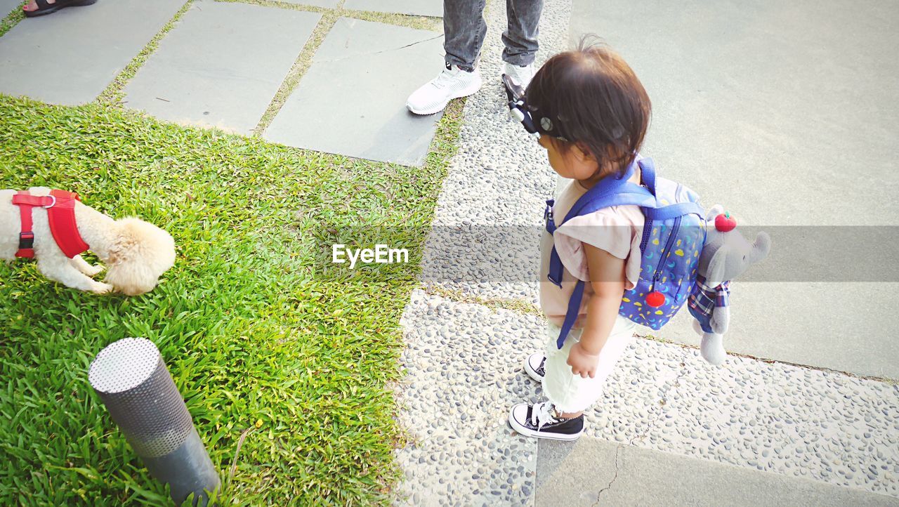 HIGH ANGLE VIEW OF GIRL PLAYING WITH BABY