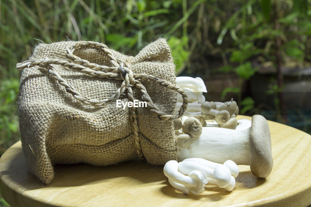 Bunch of mushrooms in knitted bag on wooden table