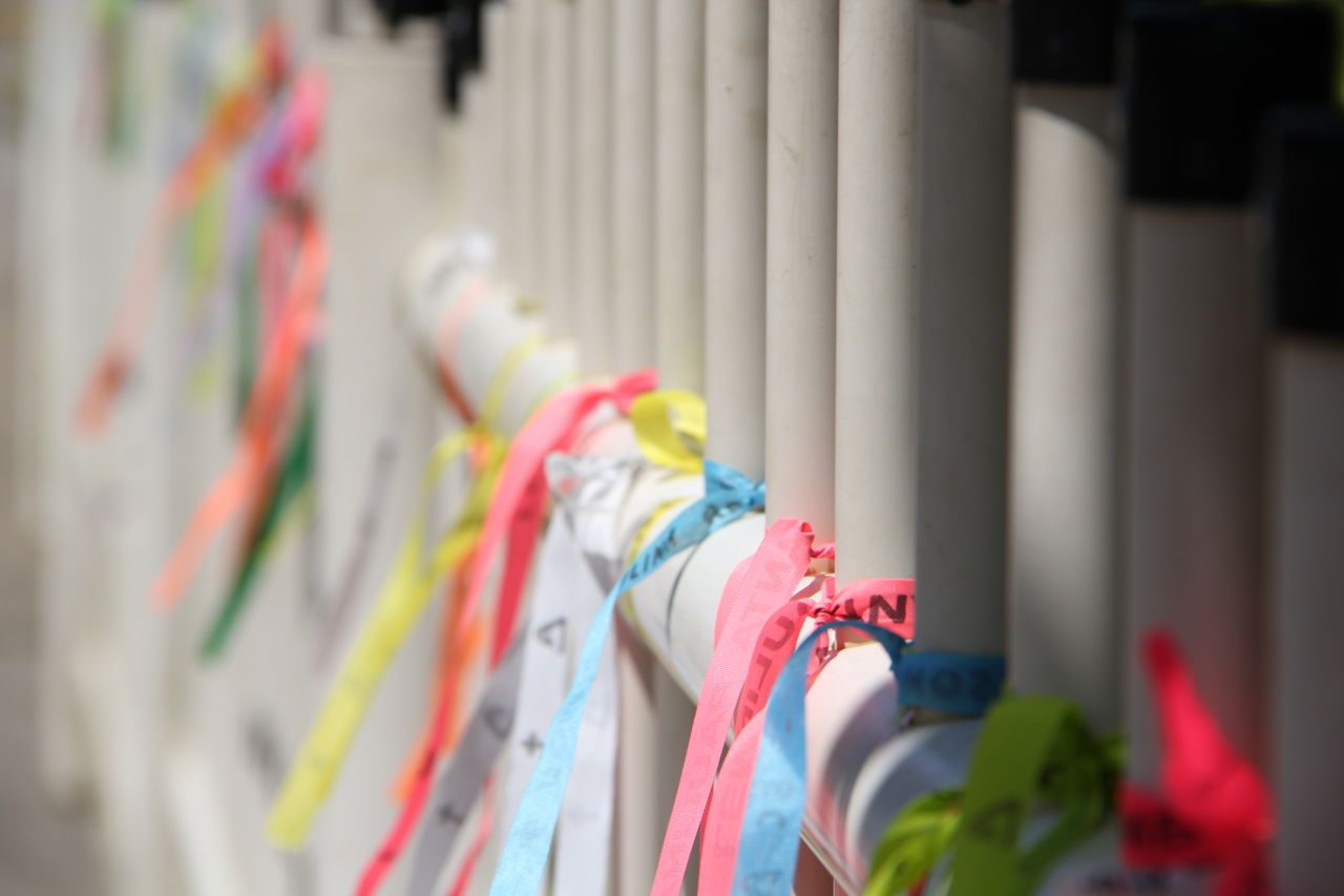 Close-up of multi colored decorations hanging in row