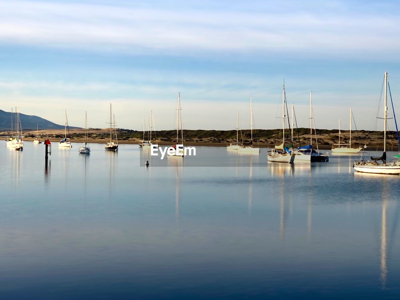 SAILBOATS MOORED IN HARBOR