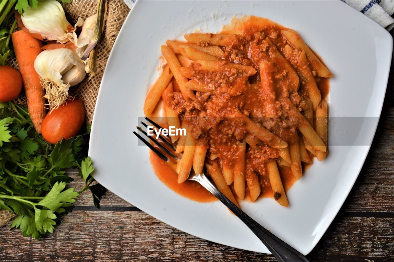 High angle view of food in plate on table