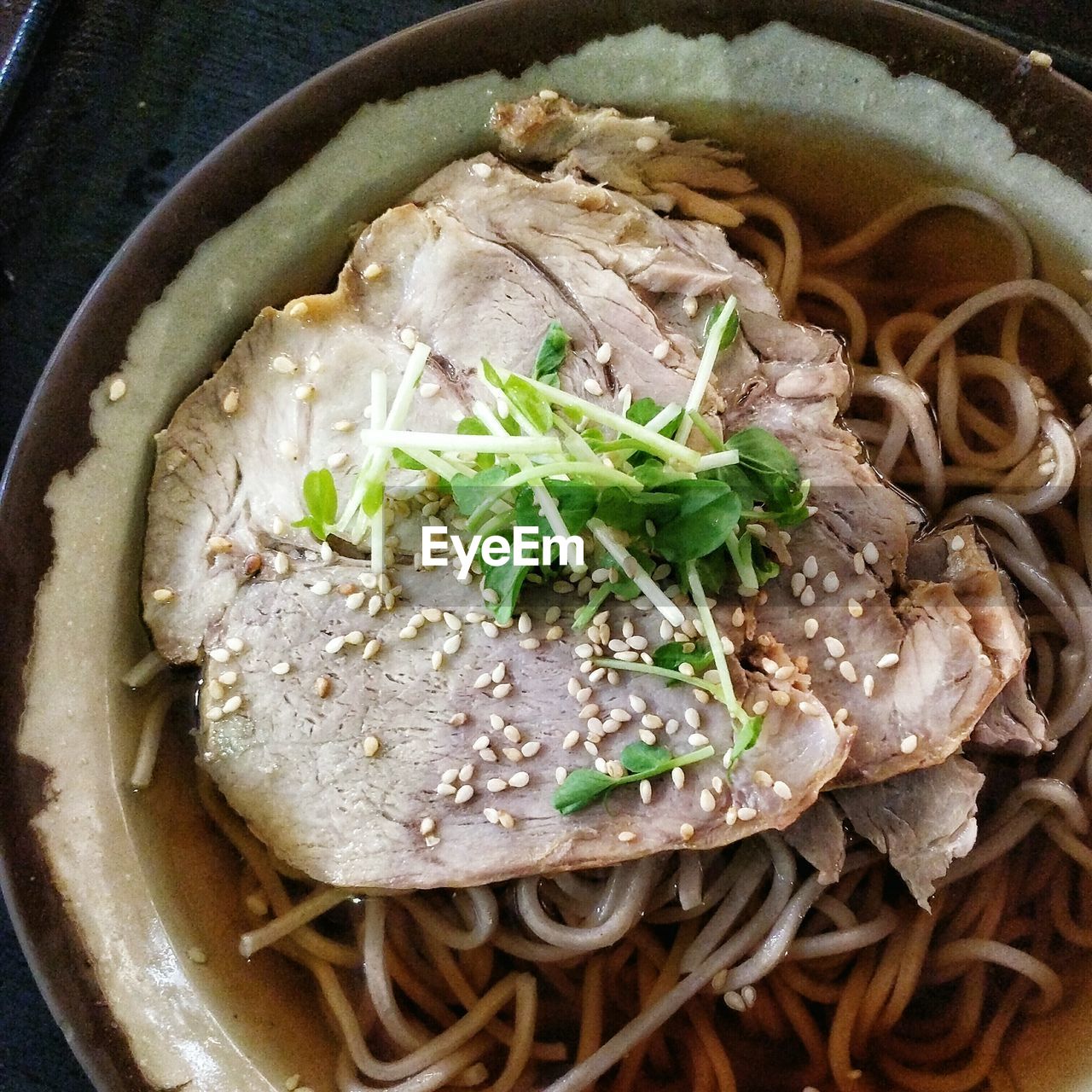 High angle view of fresh chicken noodles in bowl