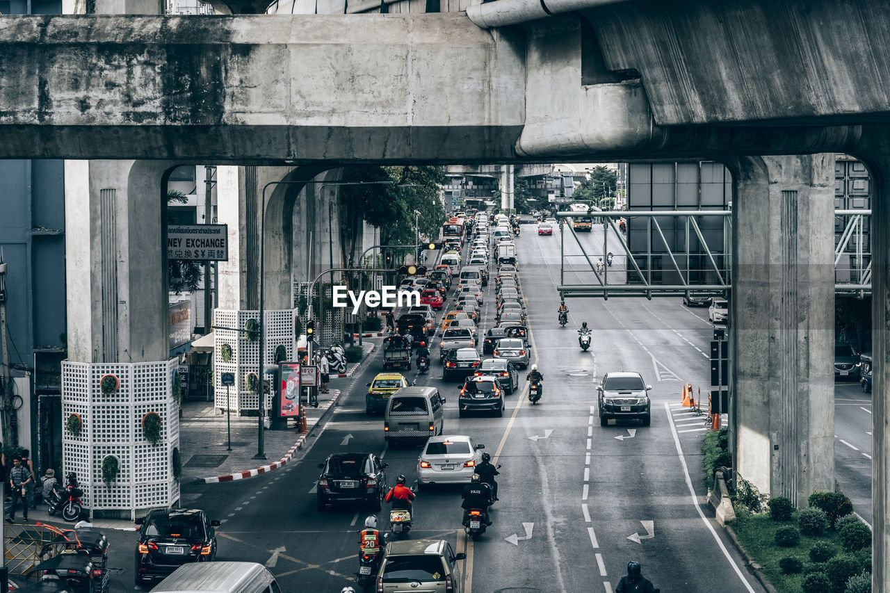 High angle view of traffic on road in city