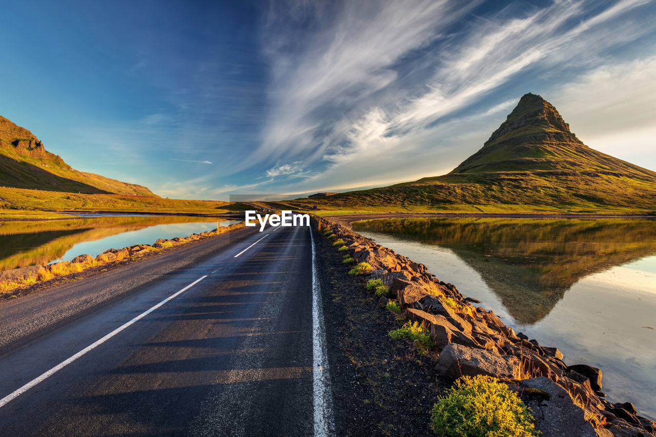 Scenic road to kirkjufell mountain in iceland