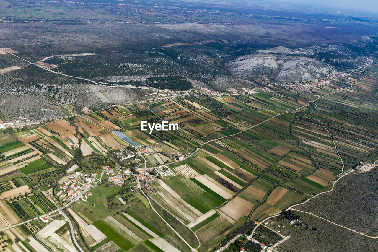 Aerial view of fertile fields in zadar region near adriatic coast