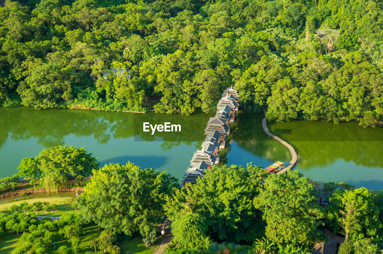 Chinese bridge high angle view of trees by lake