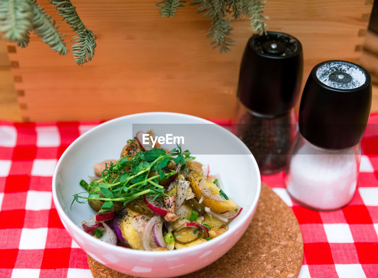food and drink, food, dish, vegetable, healthy eating, table, checked pattern, meal, tablecloth, plant, no people, plate, cuisine, wellbeing, indoors, meat, dinner, herb, italian food, produce, freshness, drink, soft drink, seasoning, salt shaker, pasta, high angle view, tradition, salt - seasoning, lunch