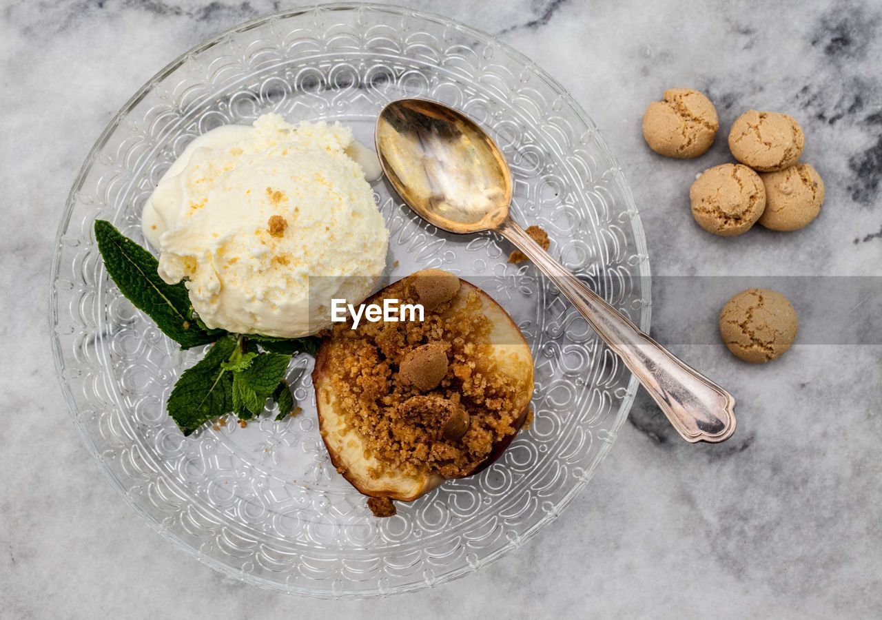 High angle view of dessert in plate on table