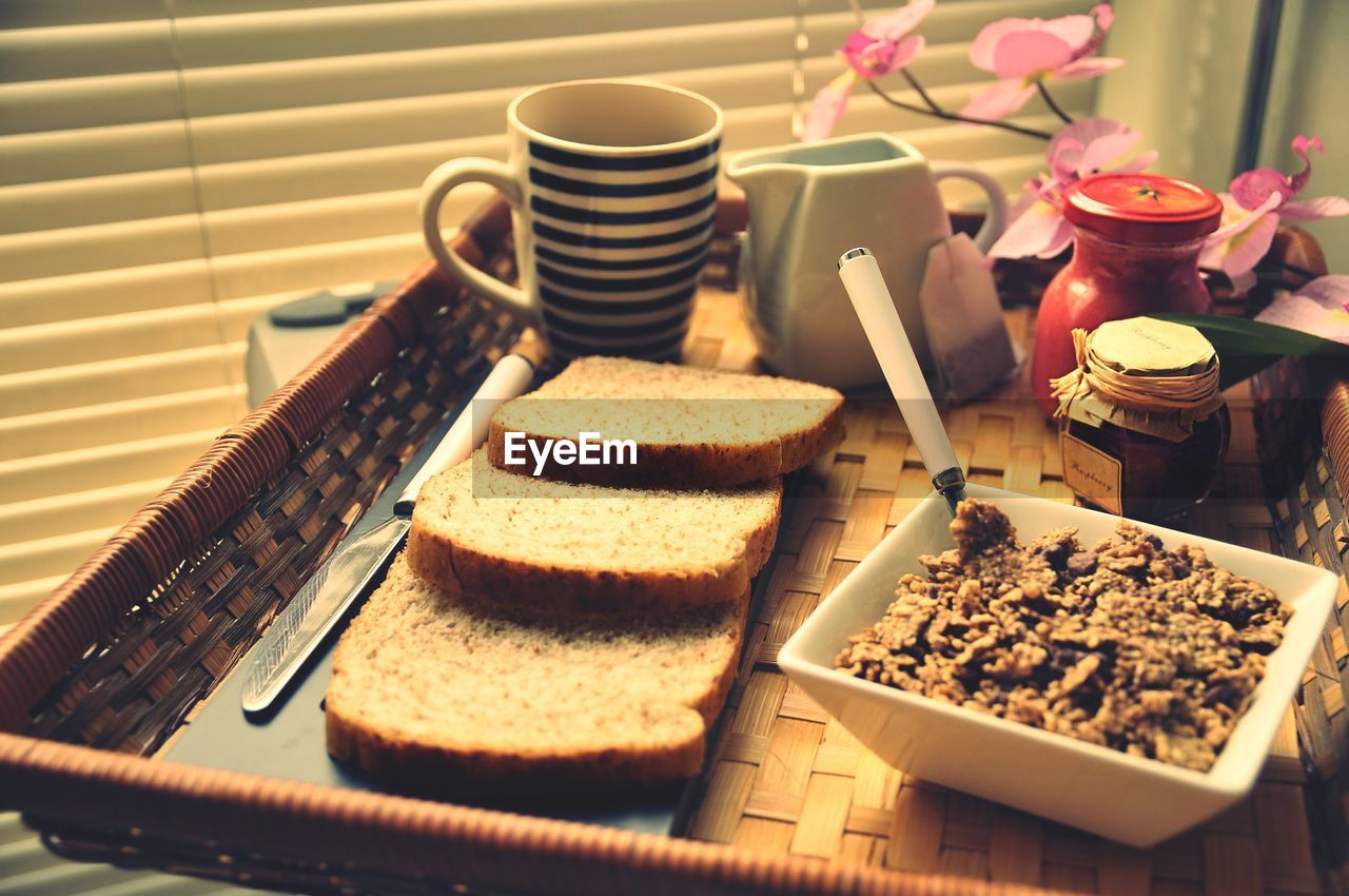 High angle view of breakfast served on table