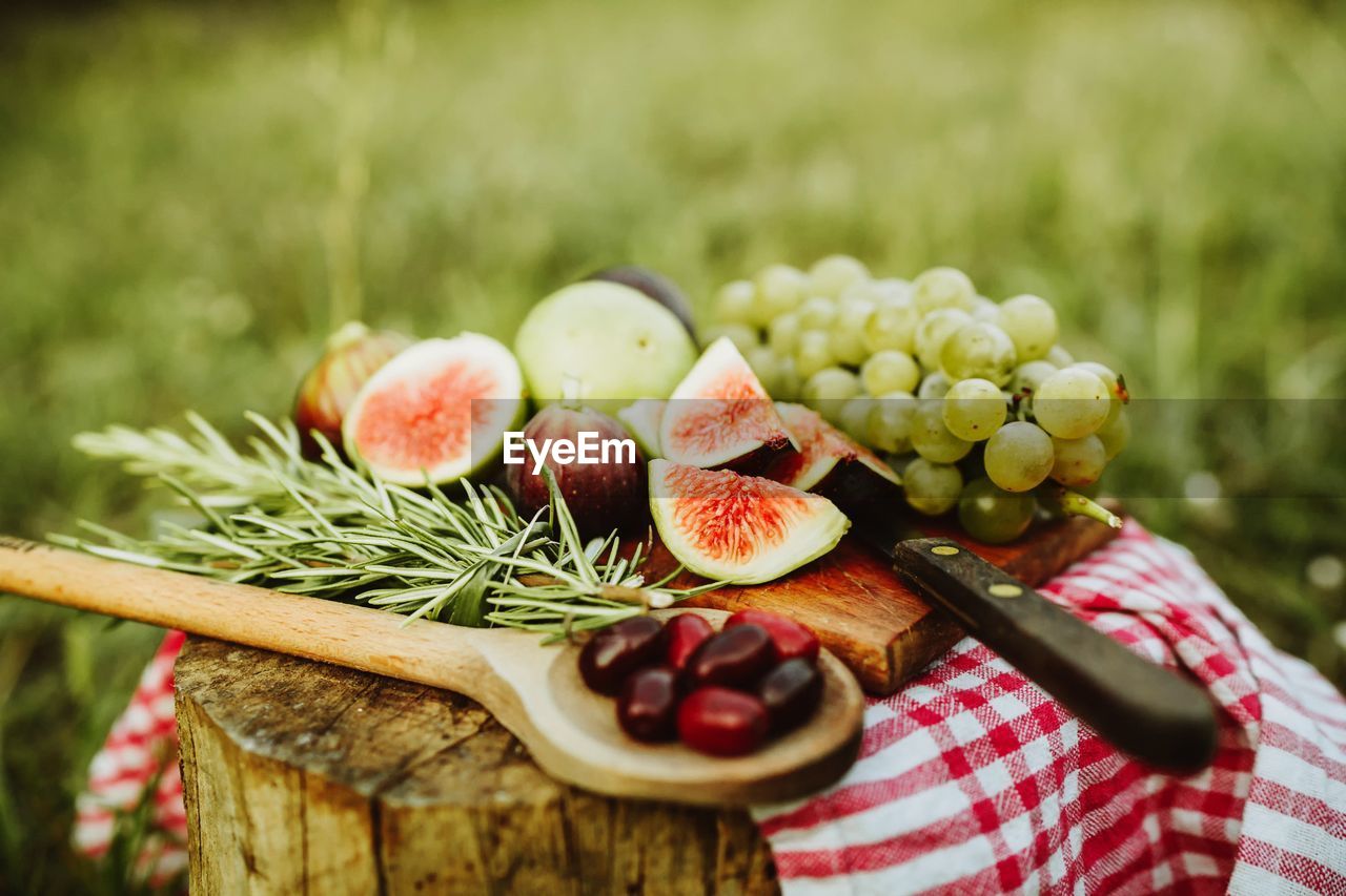 Close-up of fruits on cutting board with plants in background