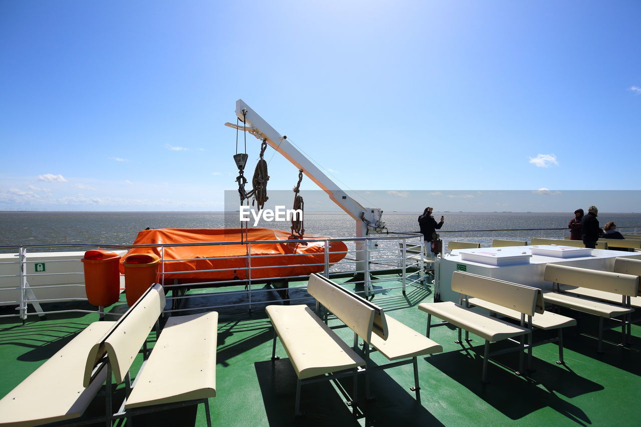 PEOPLE ON BOATS MOORED IN SEA AGAINST SKY