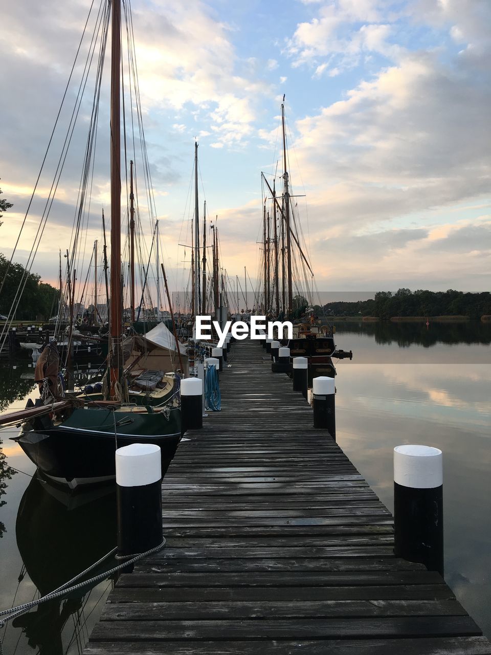 Sailboats moored at harbor against sky