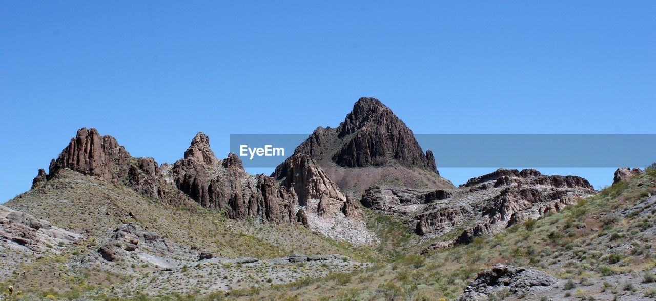 Panoramic view of mountains against clear blue sky