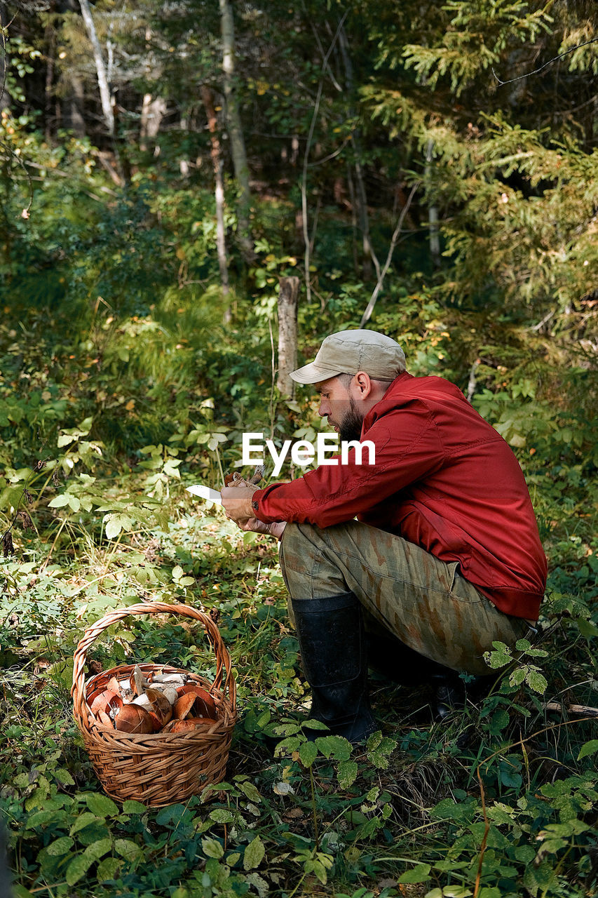 Side view of a man holding basket with mushrooms