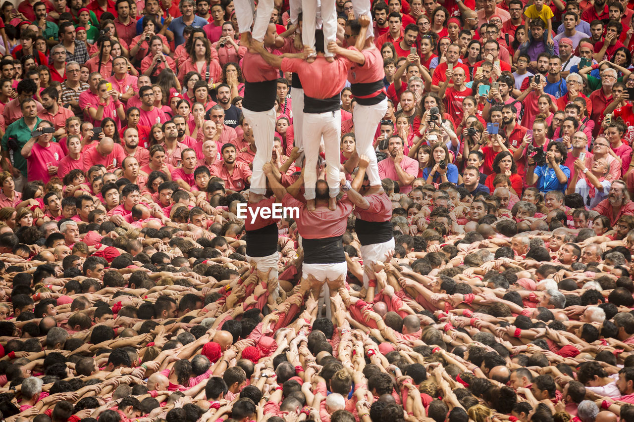 High angle view of human pyramid during festival