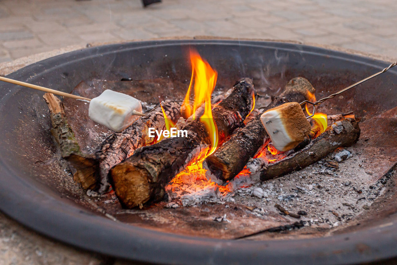 Toasting marshmallows over campfire in the summertime