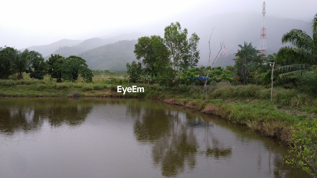 SCENIC VIEW OF LAKE BY TREES AND MOUNTAINS AGAINST SKY