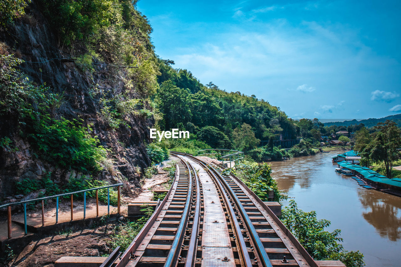 RAILROAD TRACK BY TREES AGAINST SKY