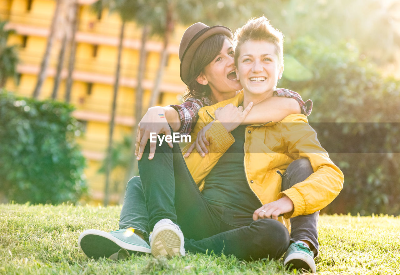 Happy lesbian couple at park