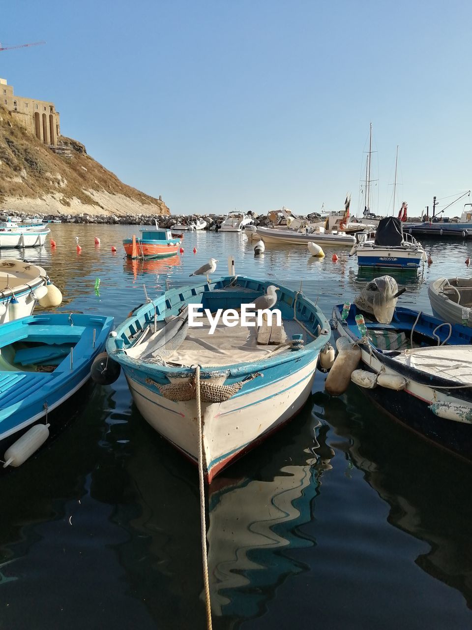 Boats moored at harbor