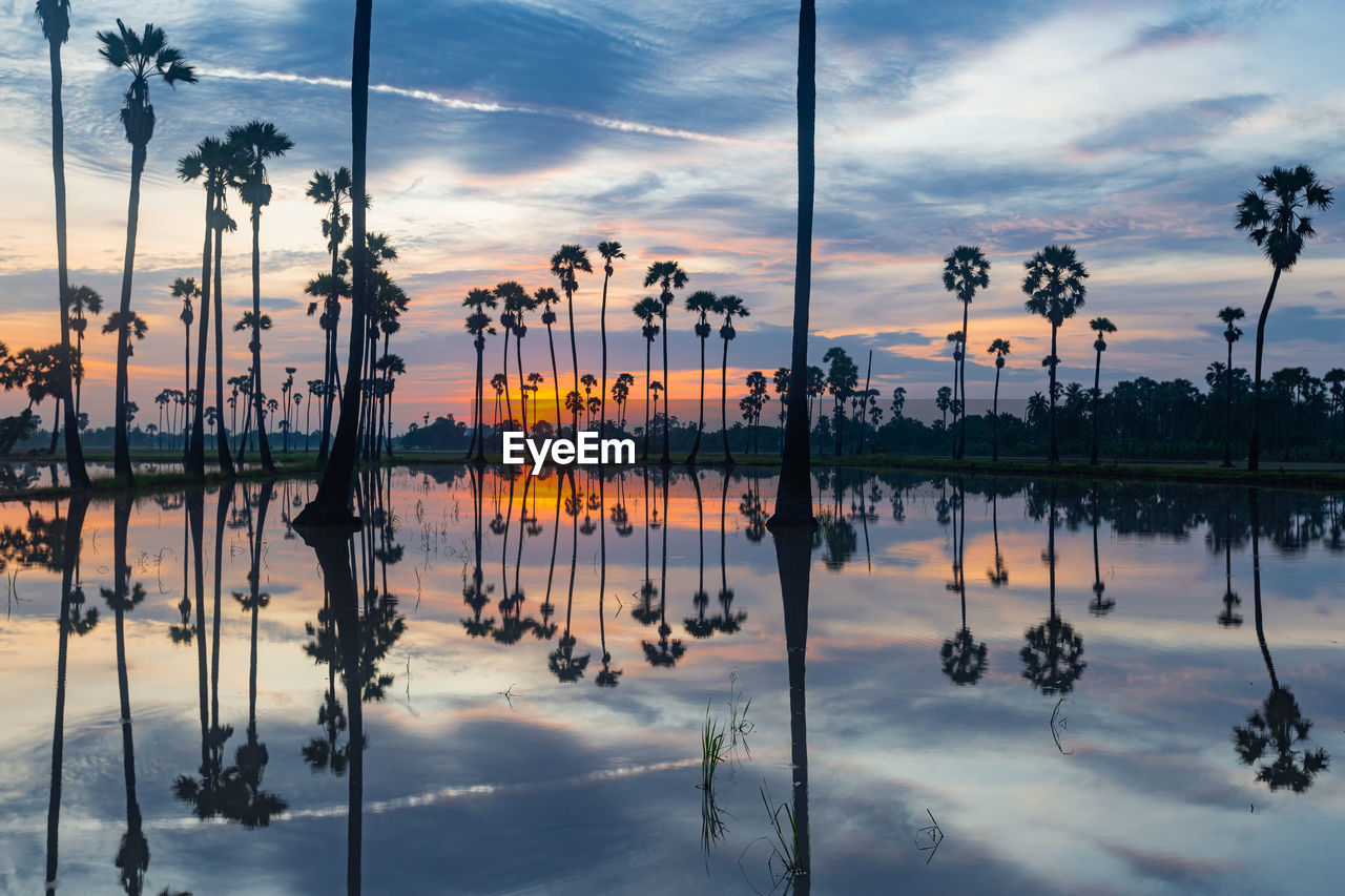 Scenic view of lake against sky during sunset