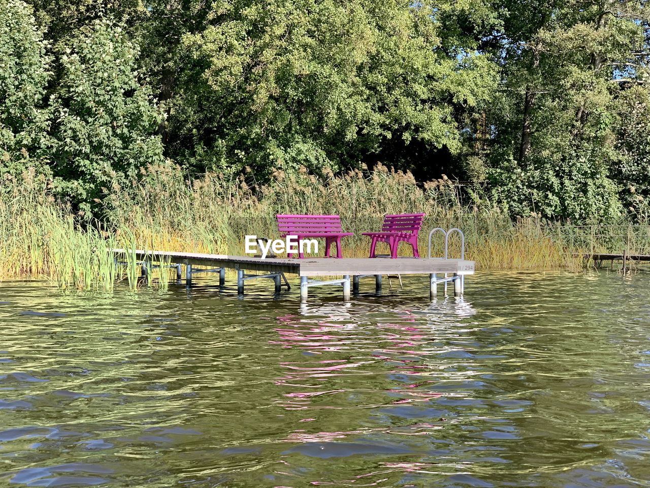 Gazebo floating on lake against trees