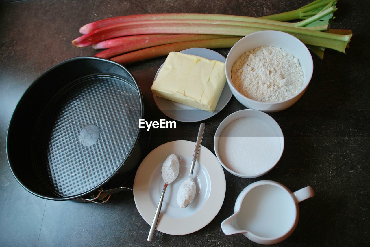 High angle view of ingredients for baking rhubarb cake