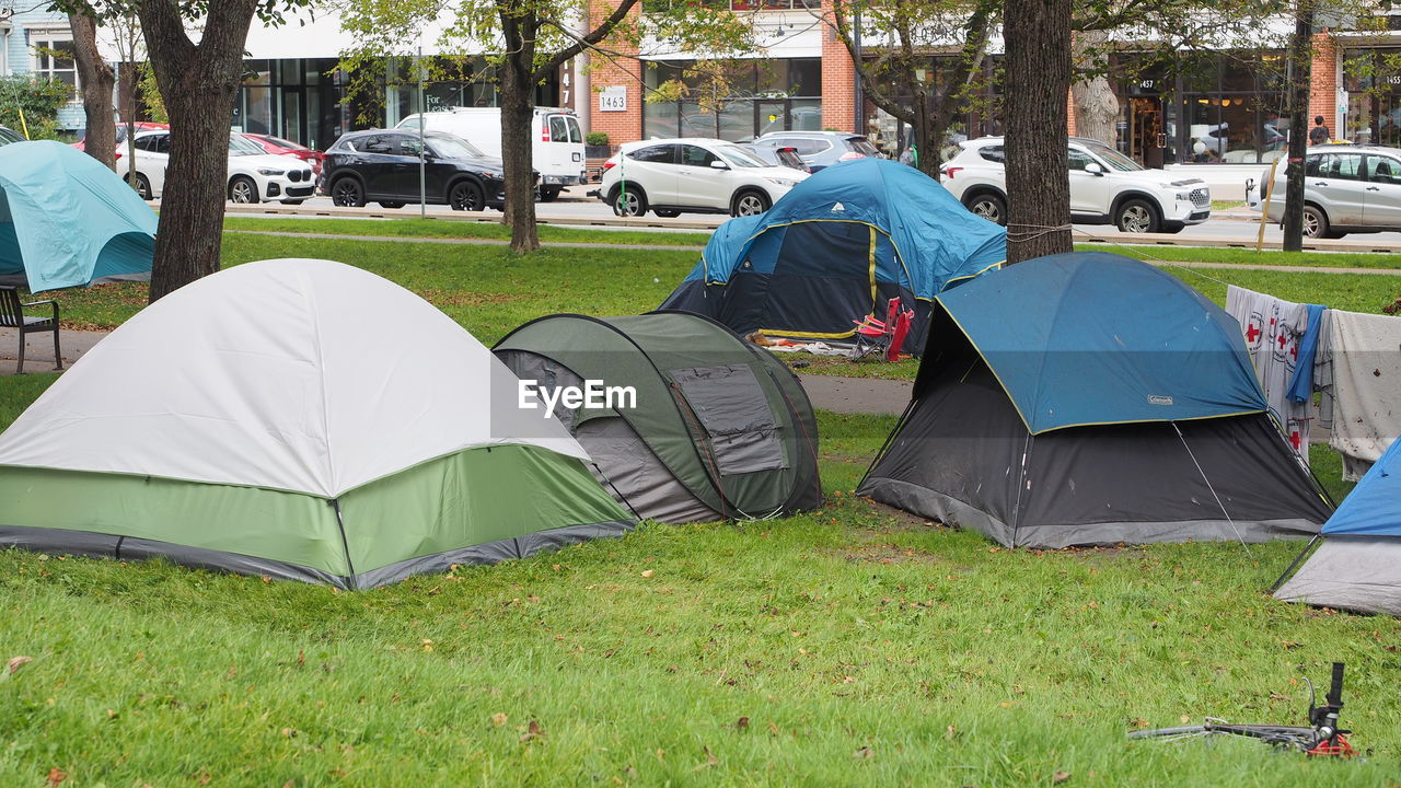 tent, camping, grass, plant, nature, tree, day, leisure activity, mode of transportation, car, land, travel, relaxation, transportation, outdoors, trip, field, adventure, motor vehicle, holiday, umbrella, vacation, architecture, green, lifestyles, park, environment, recreation, travel destinations