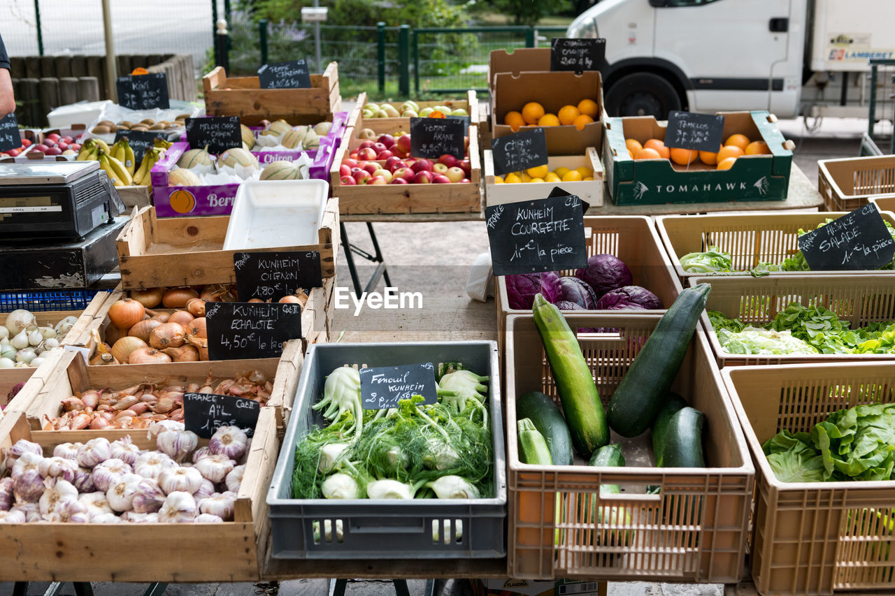 Fresh fruits and vegetables in market for sale