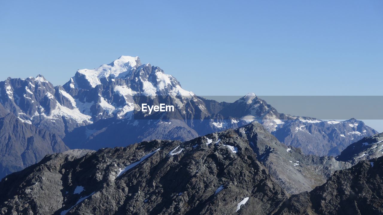Scenic view of snowcapped mountains against clear sky