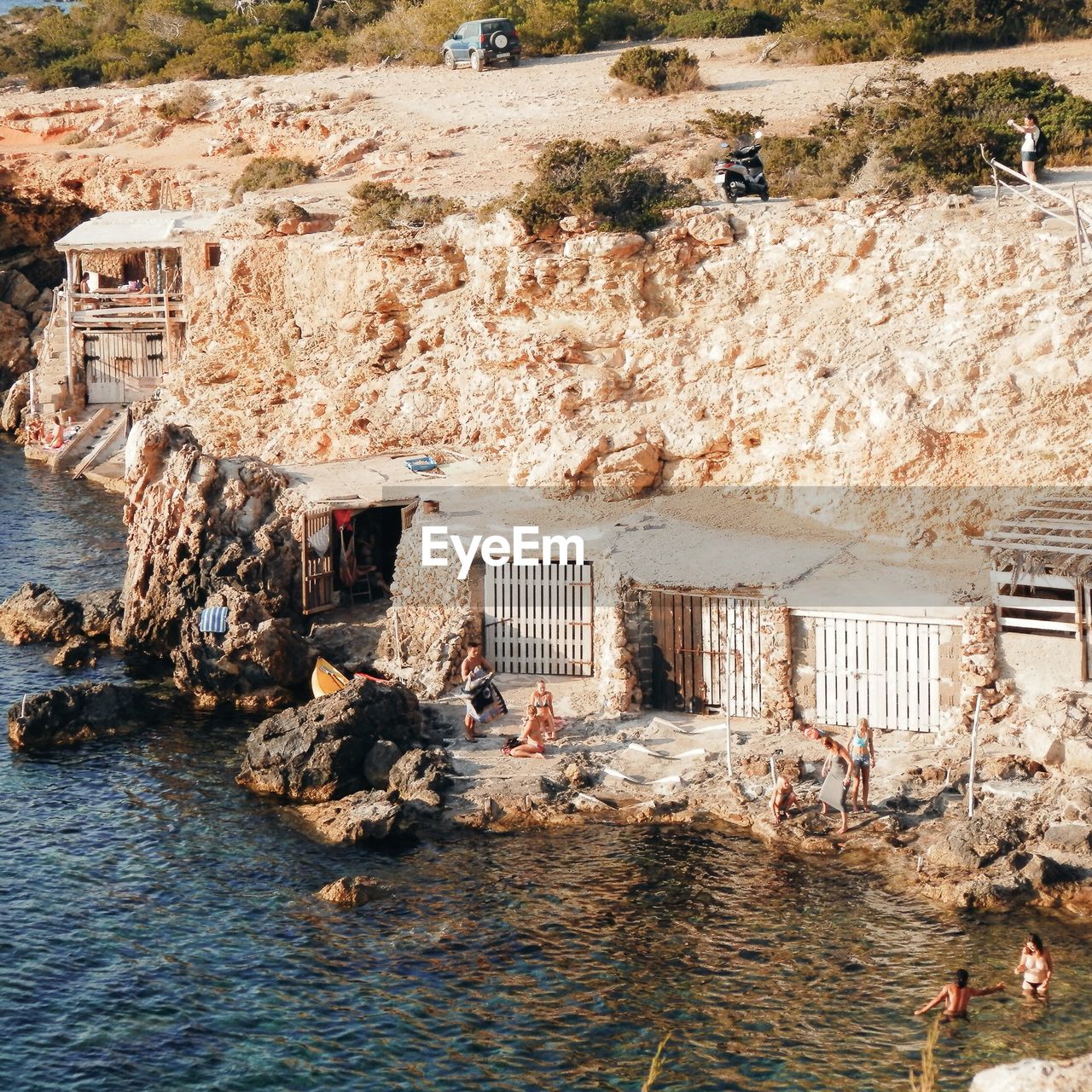 High angle view of rock formation by sea