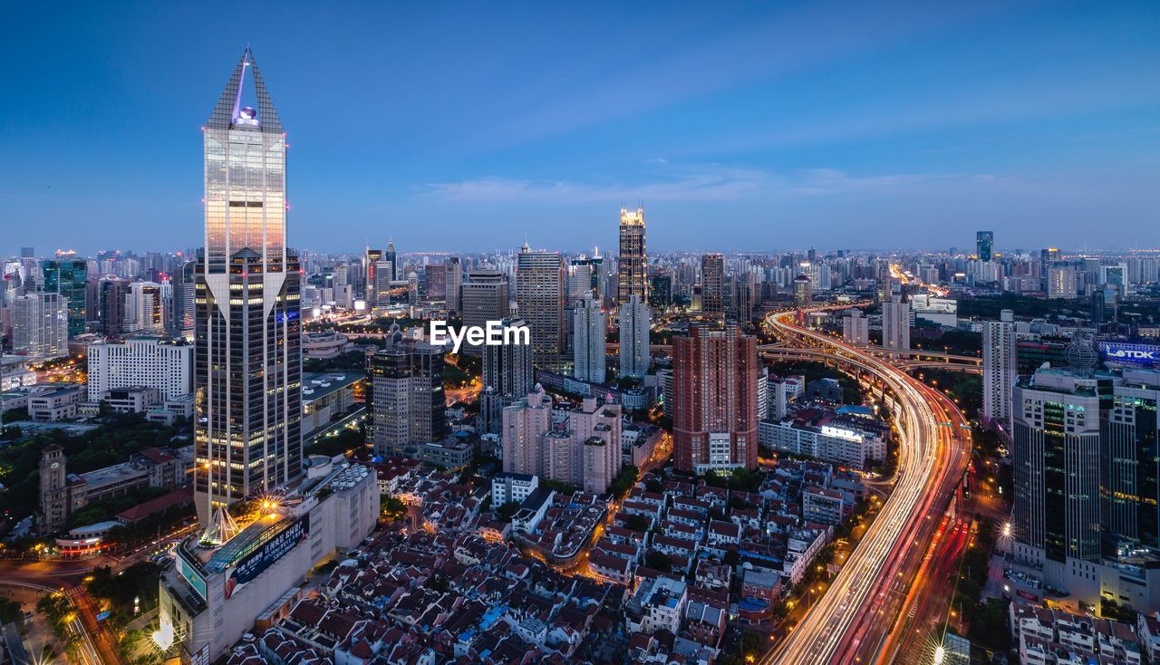 High angle view of shanghai lit up