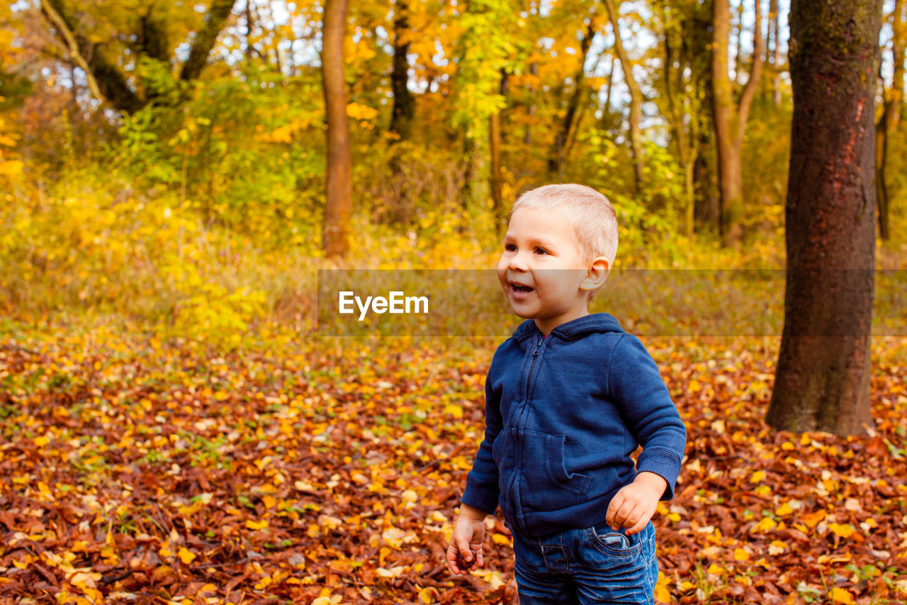 Boy in forest during autumn