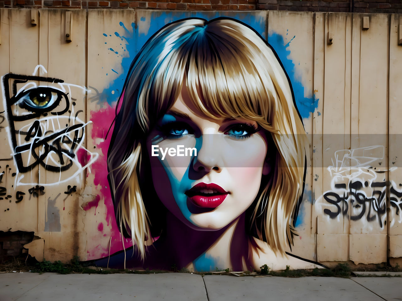 one person, portrait, young adult, women, creativity, fashion, graffiti, adult, anime, looking at camera, make-up, blond hair, art, hairstyle, headshot, cartoon, front view, human face, paint, wall - building feature, female, human representation, multi colored, blue, person, cool attitude