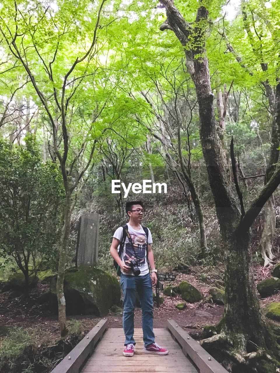 FULL LENGTH OF YOUNG WOMAN STANDING ON TREE TRUNK