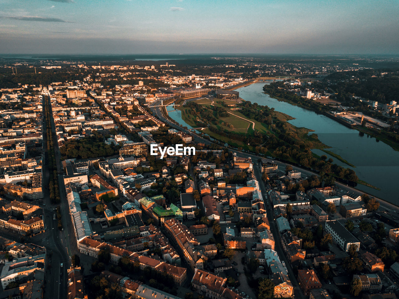 High angle view of river amidst buildings in city