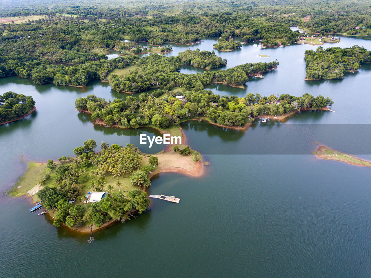 Aerial panorama drone picture of islands in the lumot lake near caliraya, cavinti, philippines