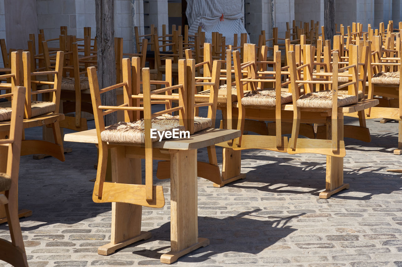 Empty terrace of a closed street cafe due to the pandemic.