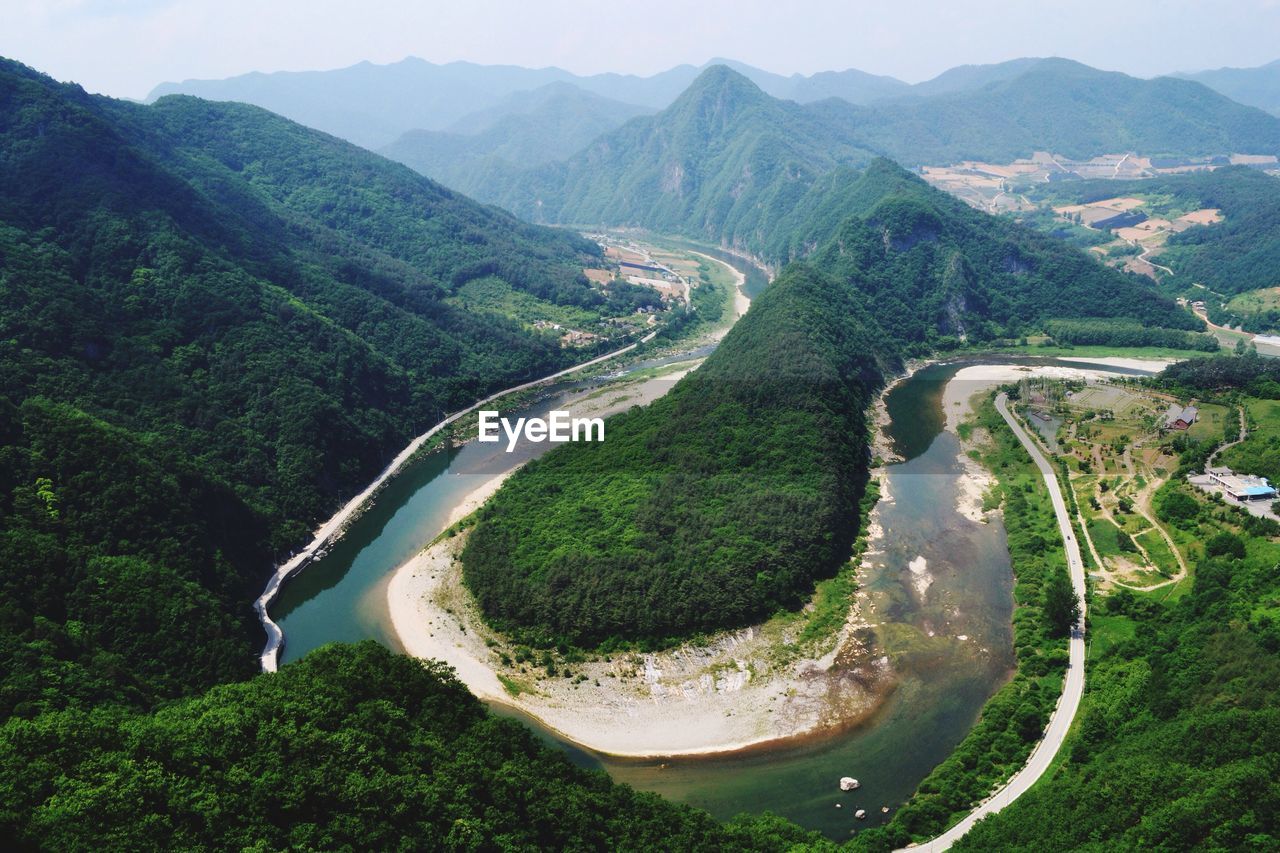 High angle view of winding road