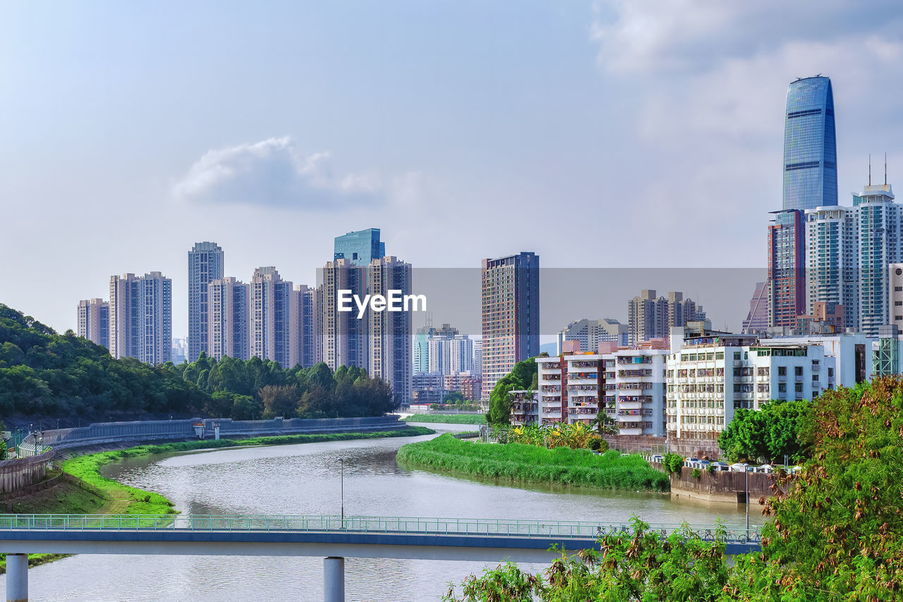 Landscape town background. beautiful cityscape with river and skyscrapers. shenzhen, china.