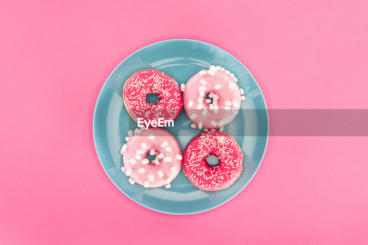 high angle view of donuts in plate on coral background