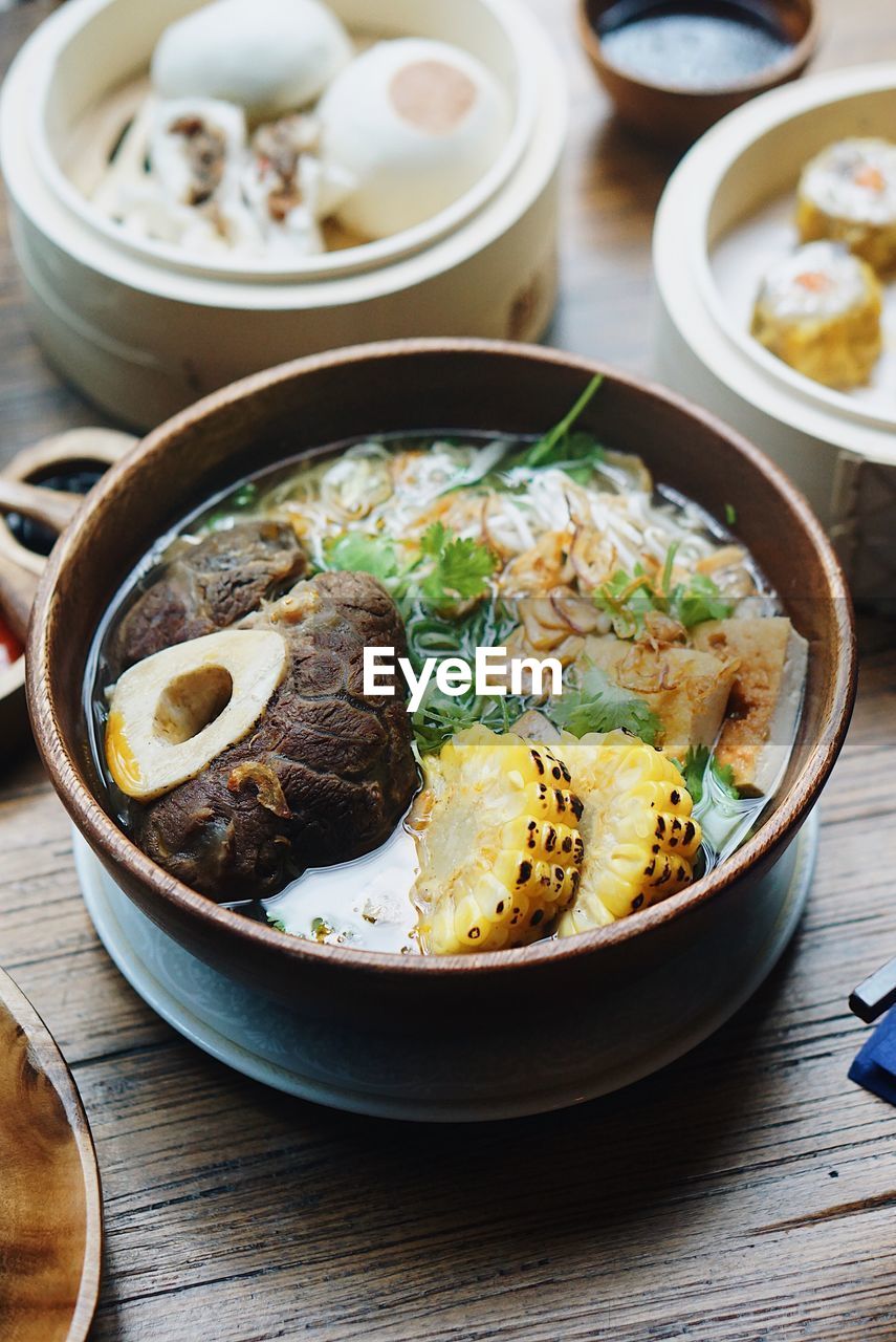 High angle view of soup in bowl on table