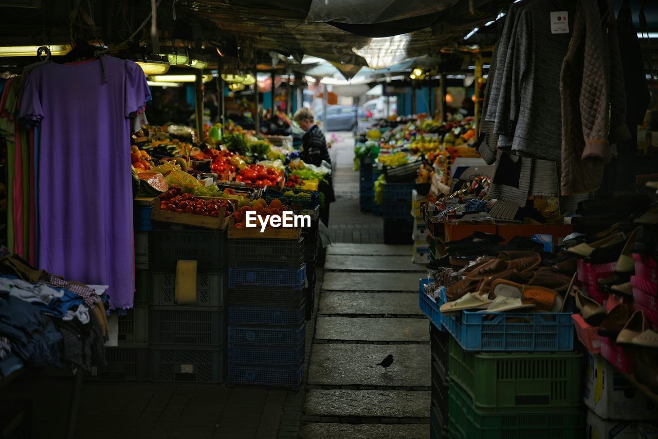 Clothes and groceries at market