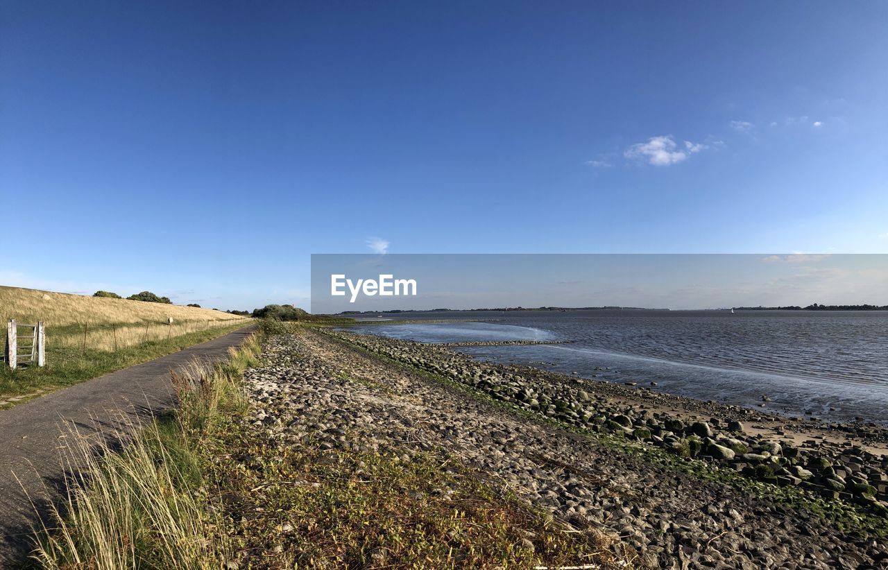 Scenic view of agricultural field against blue sky