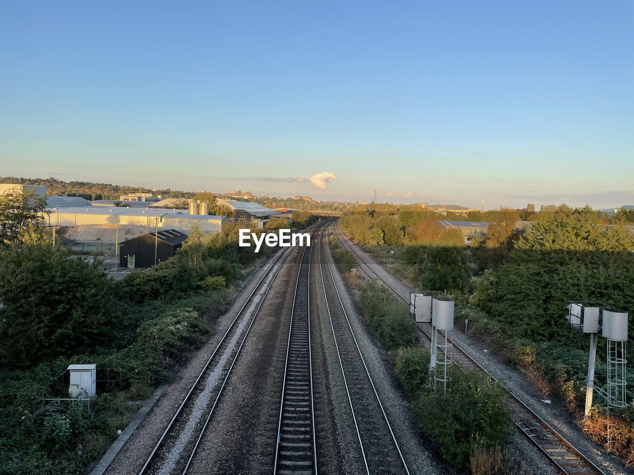 HIGH ANGLE VIEW OF RAILROAD TRACK AGAINST CLEAR SKY
