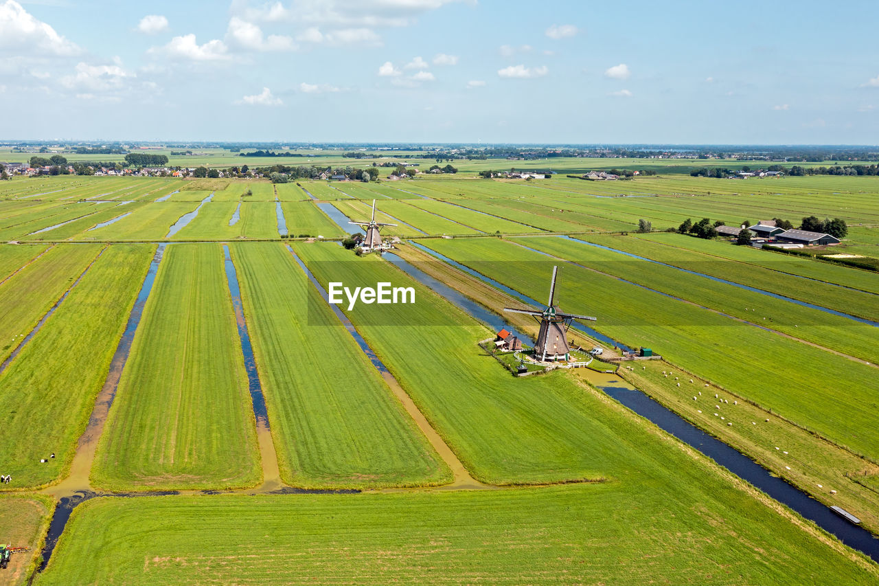 Aerial from two of four windmills of the viermolengang near aarlanderveen in the netherlands